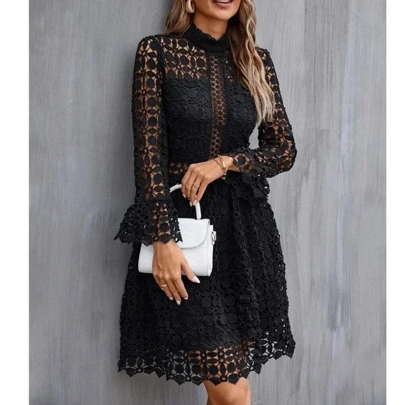Elegant French Fit-n-Flare Cut Romantic Gupuire Lace Paneled Dress All Black - Picture 8 of 10